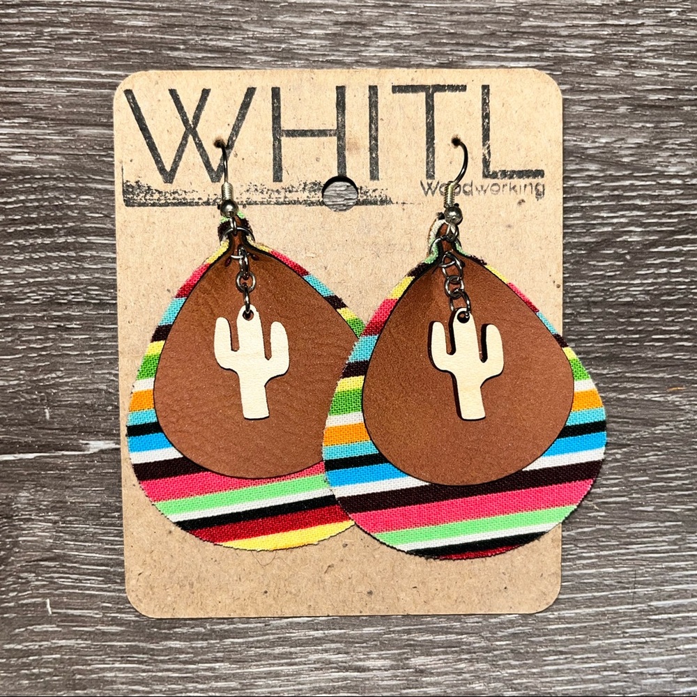 Cactus / Serape Wood & Leather Earrings